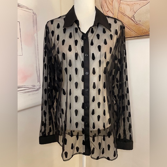 Hot Topic Tops - Hot Topic Black Flocked Coffin Sheer Long Sleeve Button Up Size Large